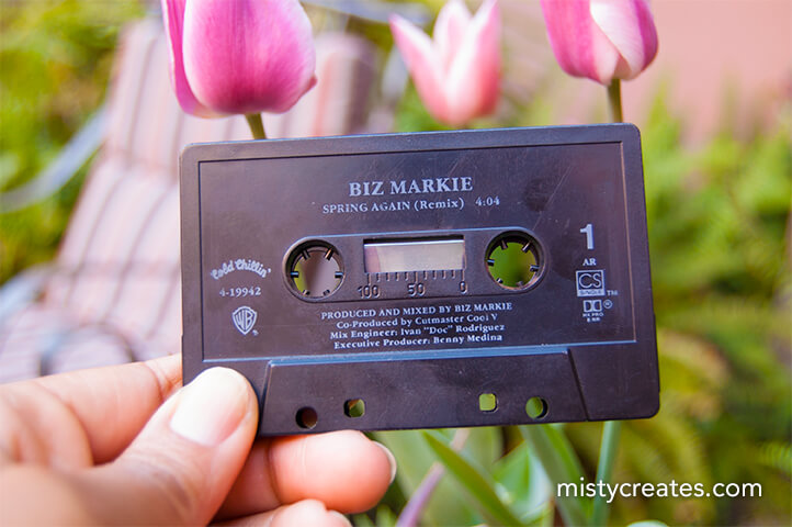 Spring Again Biz Markie cassette, with flowers in the background